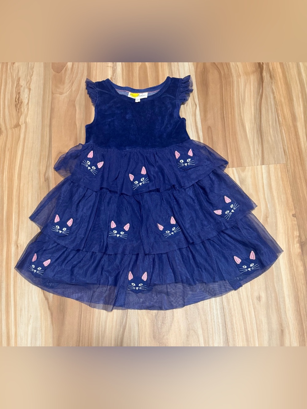 Mini Boden Navy Tiered Tulle Dress with Cat Appliqués